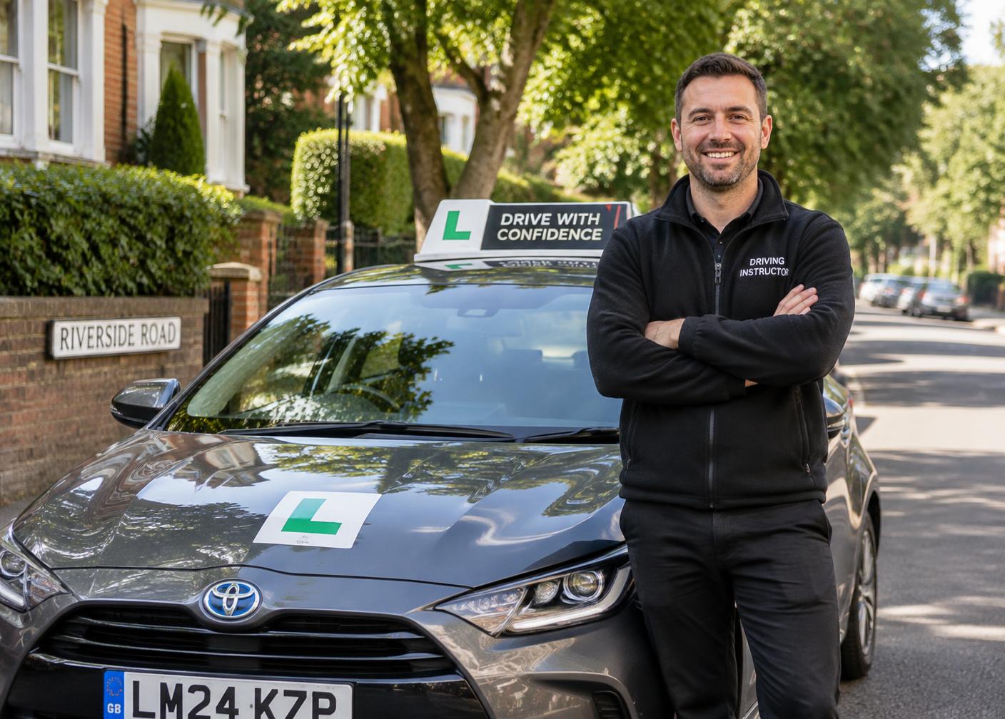 UK driving instructor standing beside a dual-control learner car